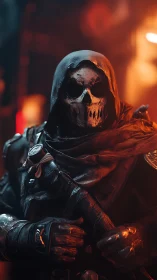 Hooded skeletal operative in high-contrast urban incandescence.