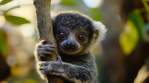 Gentle baby lemur gazes wide-eyed while hugging a forest branch