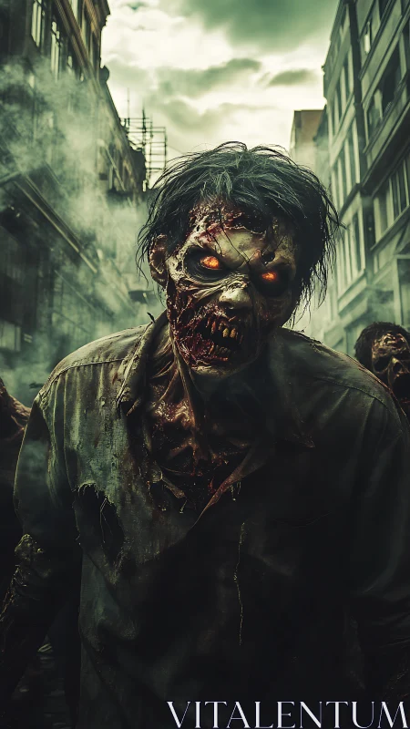 Ember-eyed zombie stalks a smoldering post-apocalyptic street.