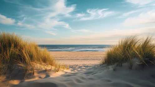 Golden beach dunes frame a tranquil ocean horizon view.