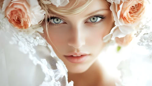 High-resolution bridal portrait with floral framing symmetry.