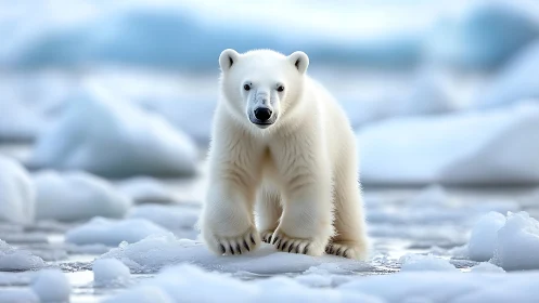 Snow-bright polar cub poised on drifting shards of ice.
