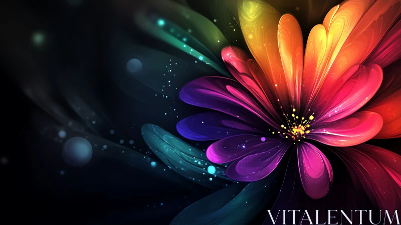 Multicolored radial flower form on dark abstract background.