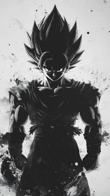 Silhouetted muscular anime fighter in monochrome ink style.