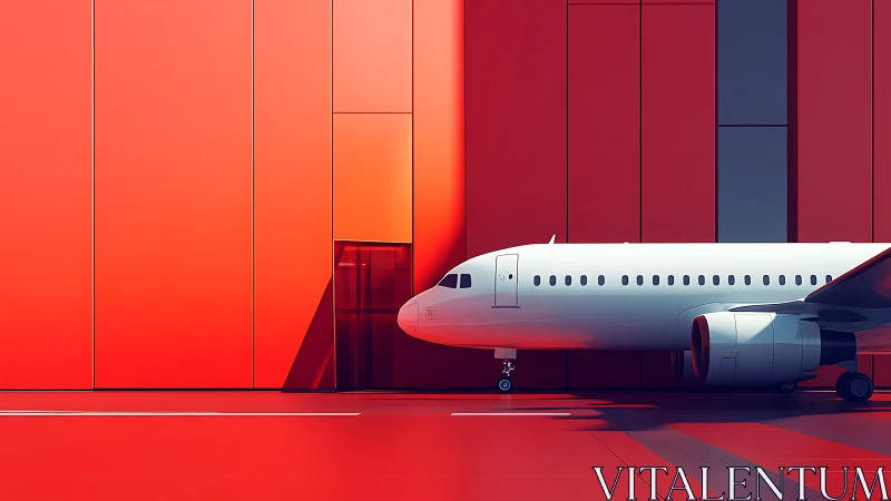 Modern Commercial Aircraft in Red Modernist Hangar
