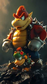 3D villain duo portrait with cinematic rim lighting and armor.