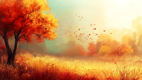 Crimson leaves whisper as autumn birds ignite the sky