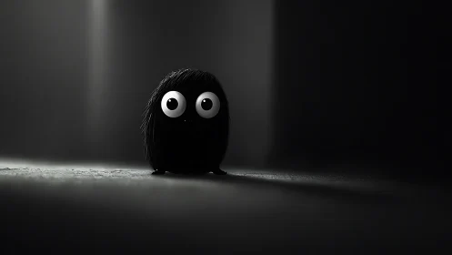 Fuzzy black creature stands alone in dramatic spotlight