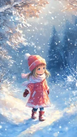 Child in red winter coat standing in snowy forest path.