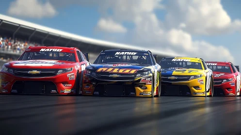 Stock cars on oval track in close formation at speed.