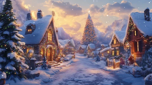 Winter village street shows illuminated cabins under snowfall