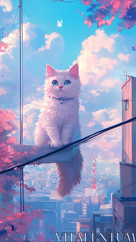 Vertical anime composition of fluffy white cat over cityscape.