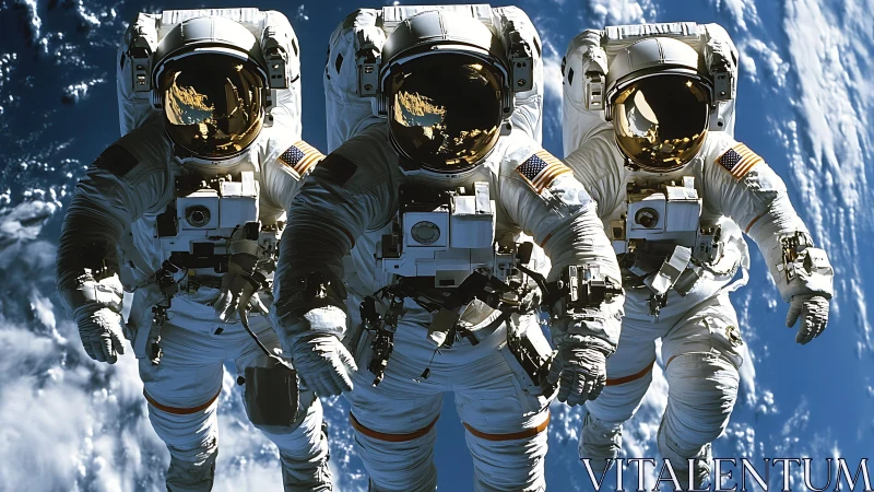 Three orbital wanderers drift in luminous Earthlit silence