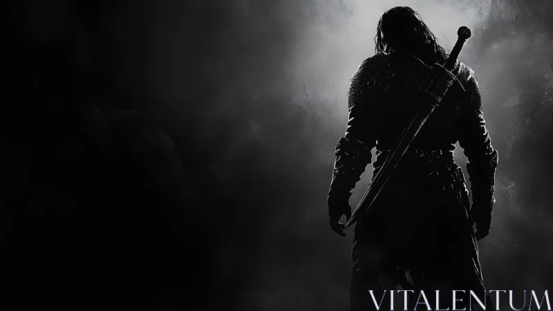 Lone shadowed warrior waiting at the edge of the storm.