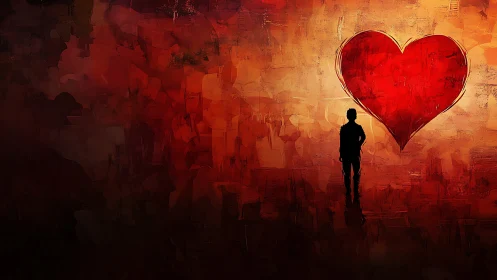 Silhouetted Figure Confronts Luminous Red Heart.