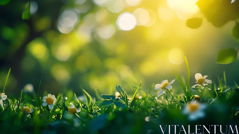 Morning light drifts over tiny daisies in dewy grassland.