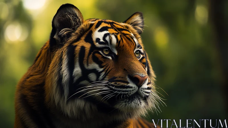 Majestic tiger gazes through soft forest light in profile.