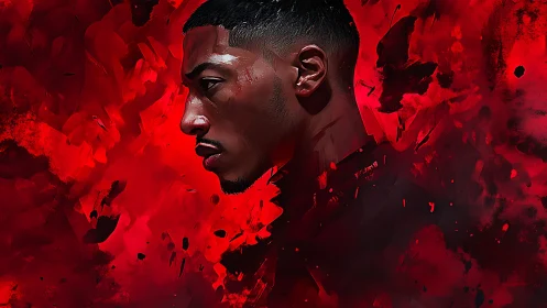 Digital side-profile portrait set against dense red abstract field