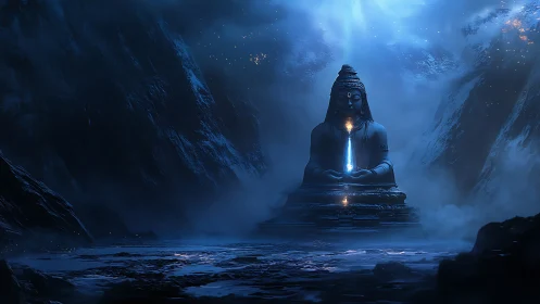 Colossal meditating deity channels luminous cosmic energy.