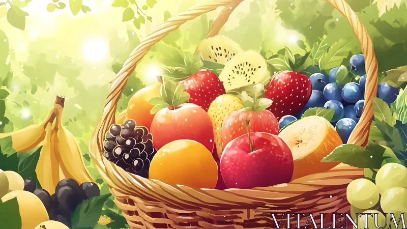 Sunlit orchard bounty overflowing in a gleaming fruit basket.