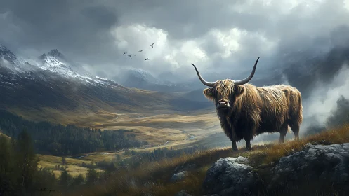 Highland cow stands watch in dramatic misty mountain valley.