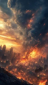 Urban skyline engulfed by large firestorm and smoke column.