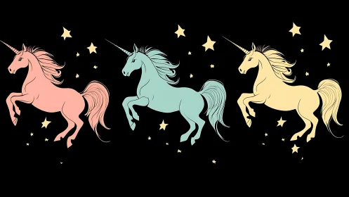 Starlit unicorn trio prances across midnight dreamspace.
