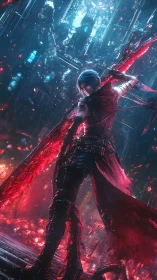 Neon dreadnought warrior raising a bloodlit cyber greatsword.