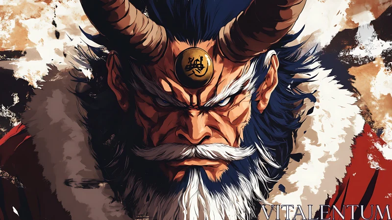 Horned warlord portrait in dynamic ink-brush anime style.