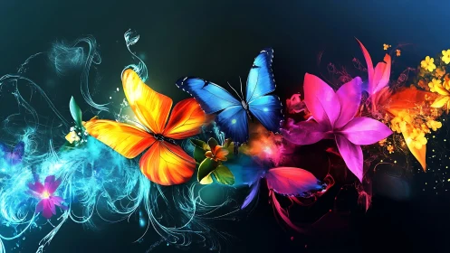 Digital painting of neon butterflies with florals on dark ground.