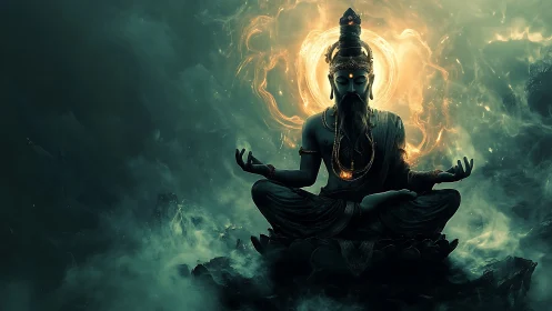 Meditative deity figure amid swirling luminous energy field.