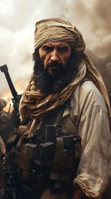 Battle-hardened desert fighter stands amid swirling smoke