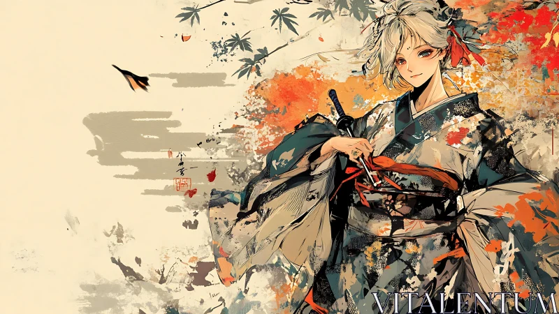 Samurai figure in patterned kimono amid abstract foliage.