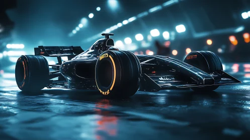 Futuristic single seater race car on wet illuminated track.