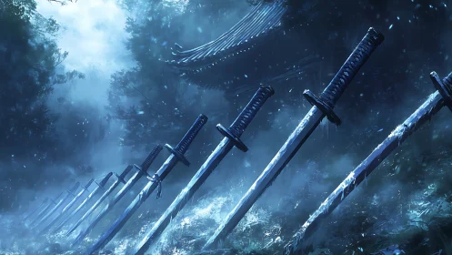 Row of katanas embedded in misty forest hillside at night.
