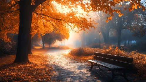 Golden autumn park path glows through misty sunrise light.