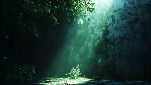 Single plant grows under narrow light shaft beside wall