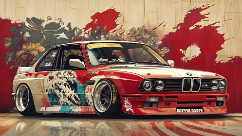 BMW E30 M3 drift build with Hokusai livery and floral mural