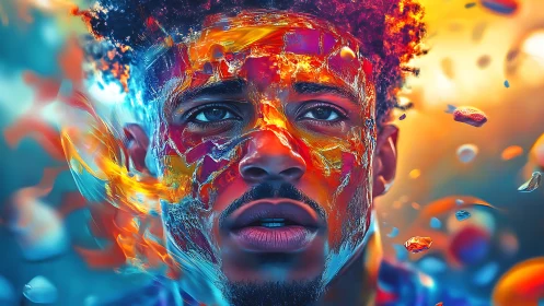 Portrait merges molten color shards with human emotion.
