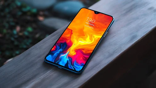 Smartphone displaying vibrant fluid gradient wallpaper on wooden surface.