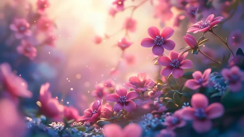 Pink Garden Flowers in Golden Light.