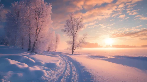 Snow-covered field with frosted trees at low winter sunrise.