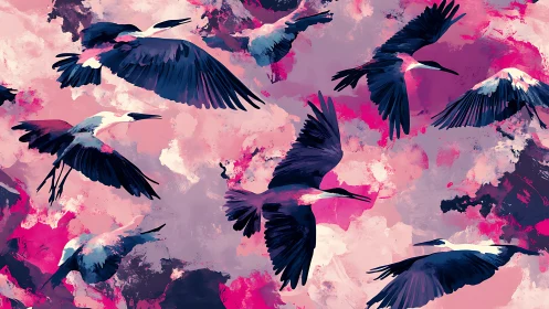 Elegant herons in flight over abstract pink sky, digital art style.
