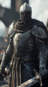 Midnight paladin stands amid ashen ruins, blade unsleeping.