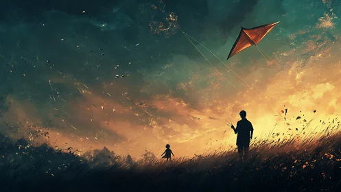 Twilight field silhouettes under a glowing kite sky scene.