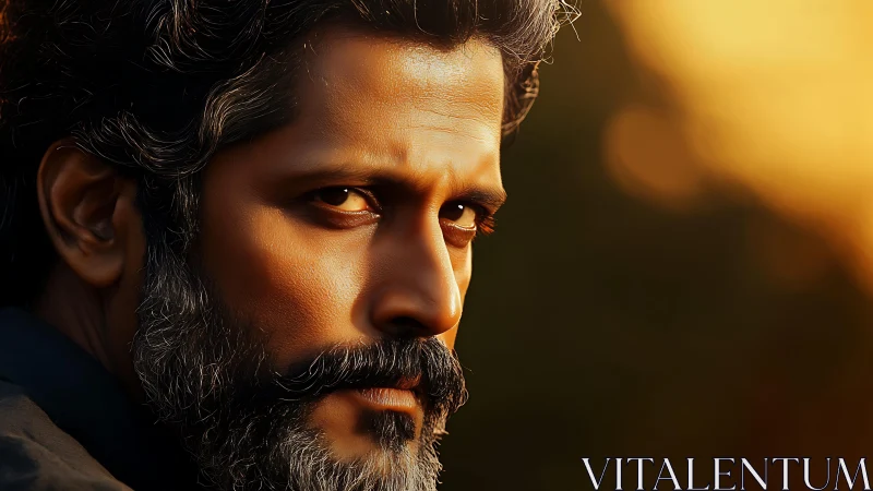 Intense bearded man gazes into warm sunset light outdoors