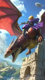 Knight rides red dragon above ruined stone fortress