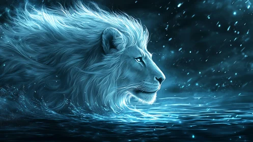 Luminescent white lion profile emerging through cyan surf.
