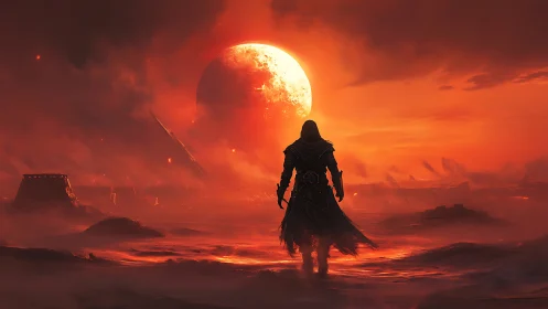 Lone cloaked wanderer walks toward a burning red eclipse sky