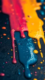 Vibrant liquid paint streams flow over a dark rough surface